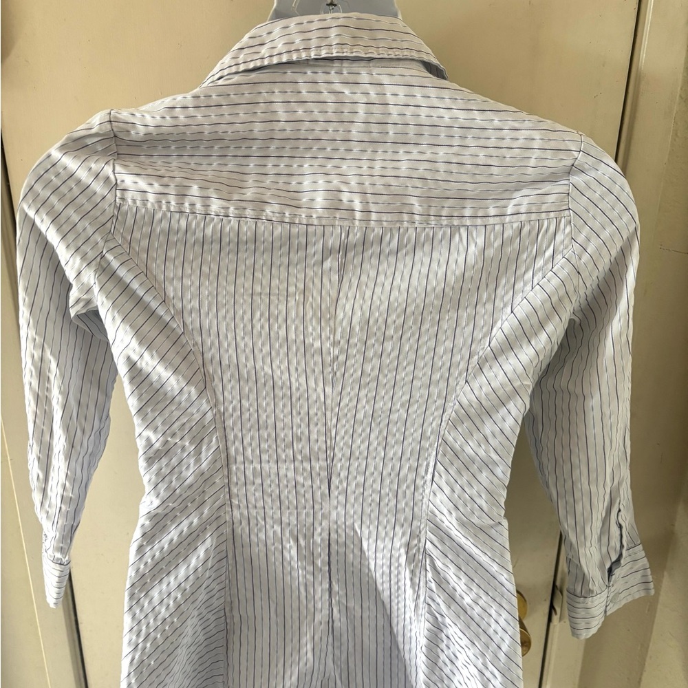 New York Company S button 3/4 Sleeve pin stripes ruching collared shirt/blouse - Picture 4 of 6